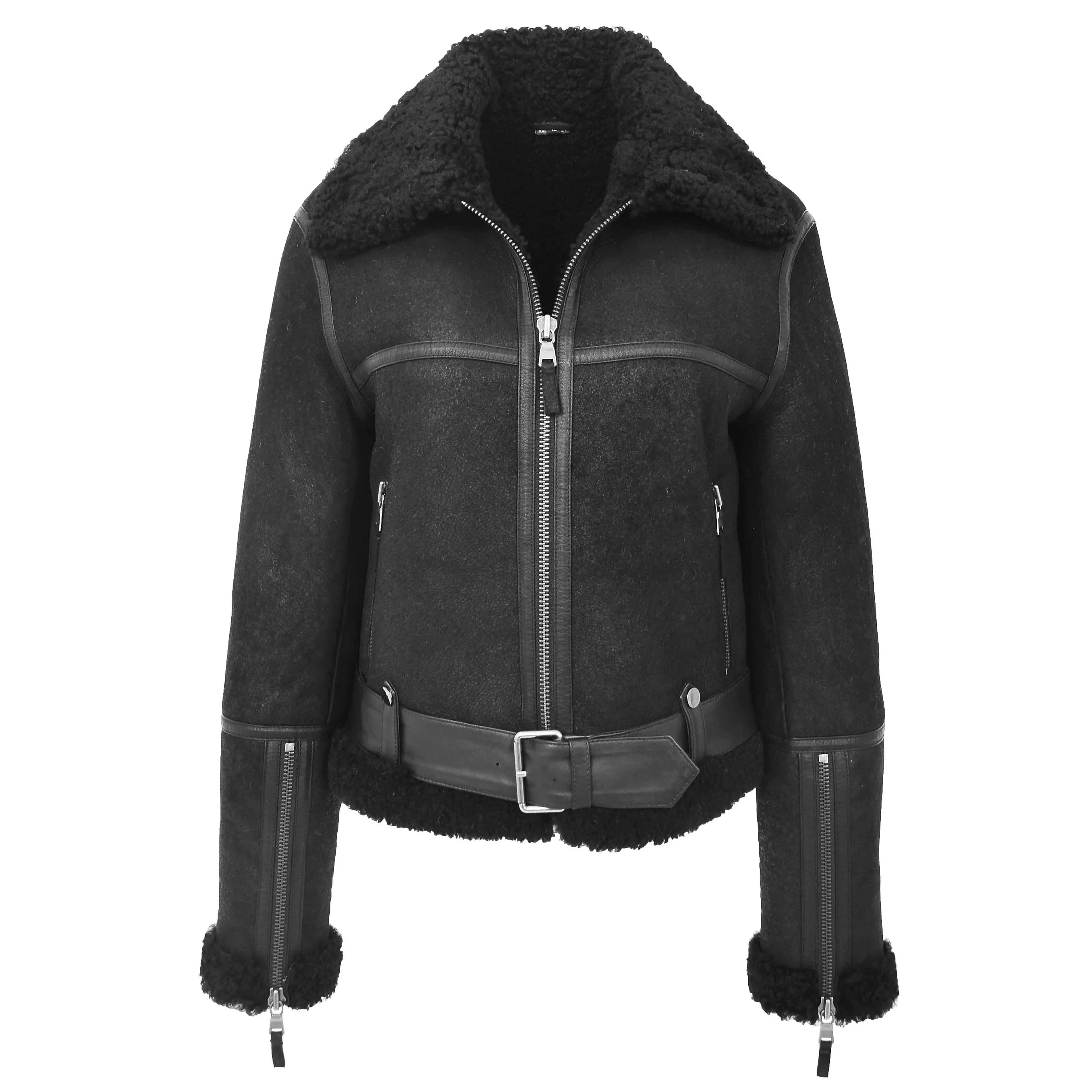 Womens Luxurious Genuine Sheepskin Flying Jacket Real Black Shearling Harriet