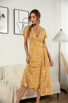 Women's Summer Casual Boho Floral V Neck Short Sleeve Long Dresses