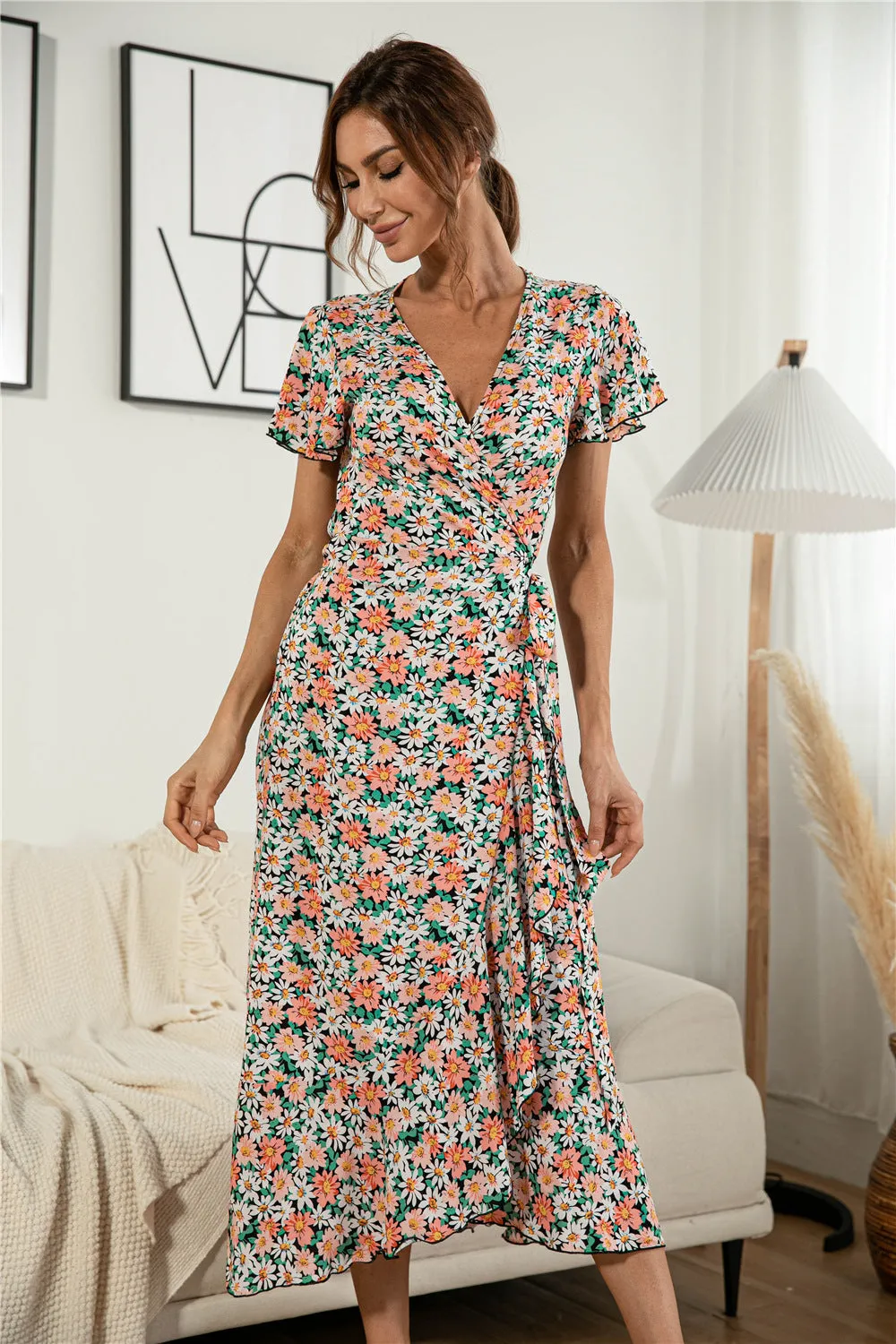 Women's Summer Casual Boho Floral V Neck Short Sleeve Long Dresses