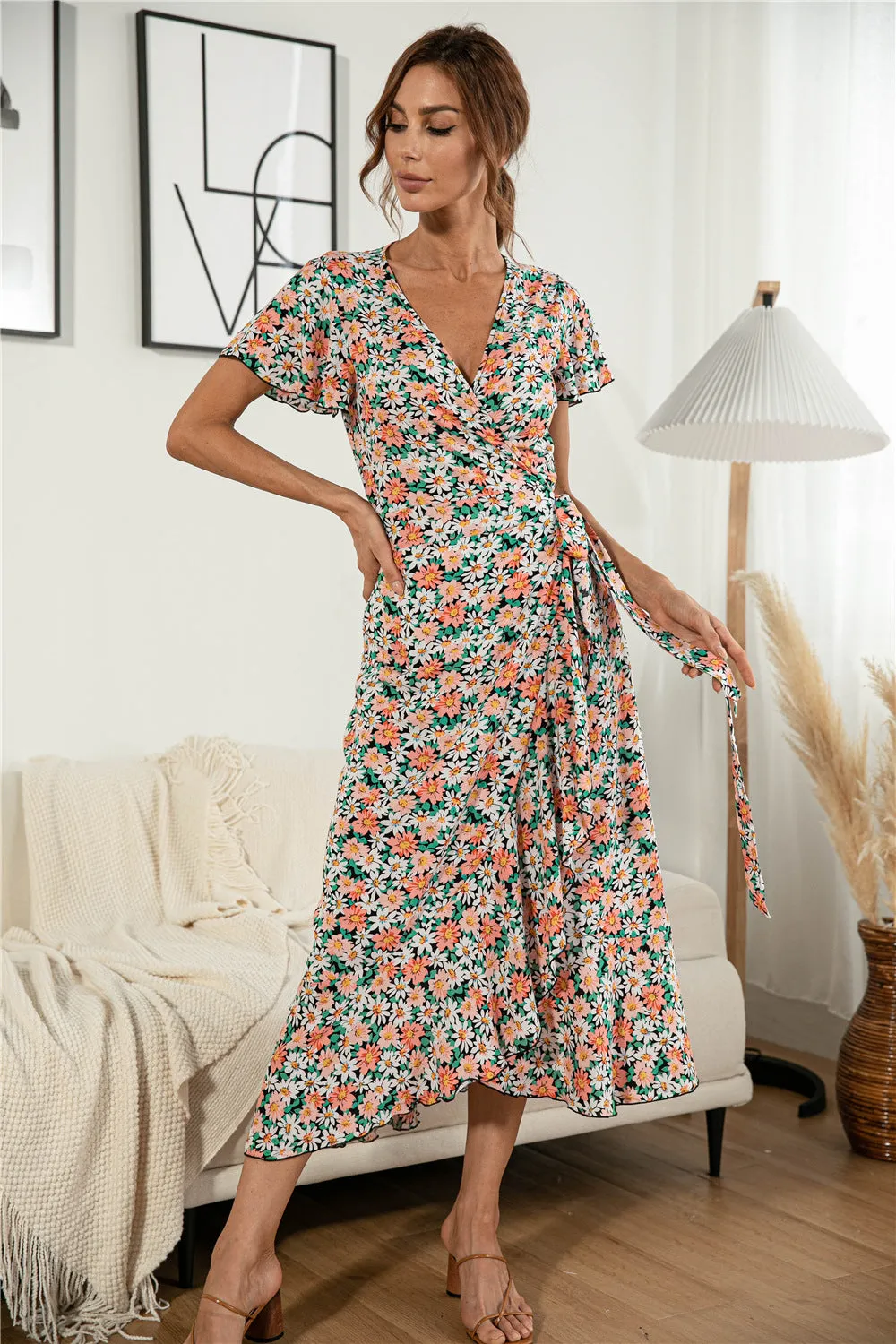 Women's Summer Casual Boho Floral V Neck Short Sleeve Long Dresses