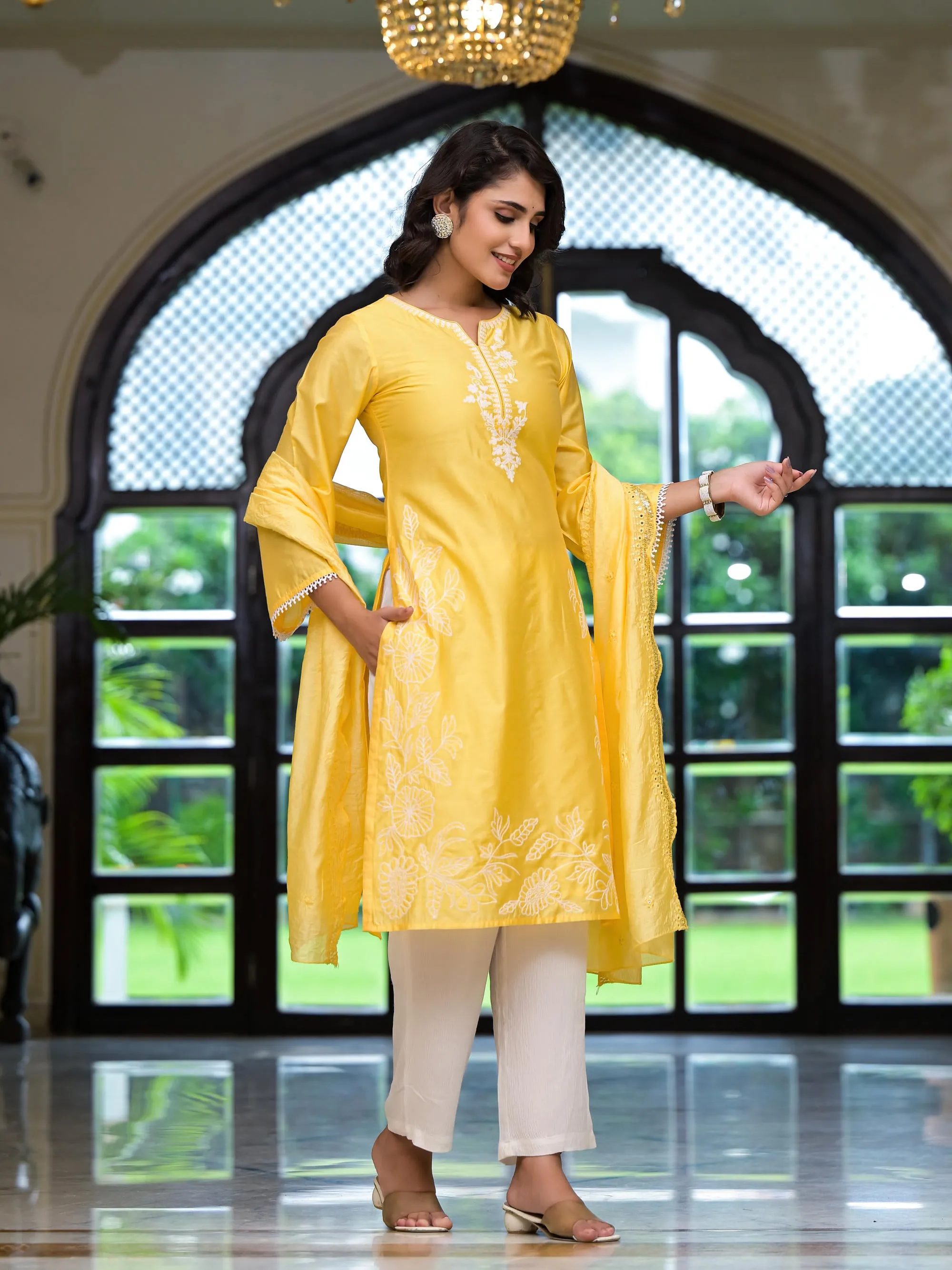 Yellow Thread Embroidered Viscose Kurta Palazzo And Dupatta Set With Thread & Mirror Work