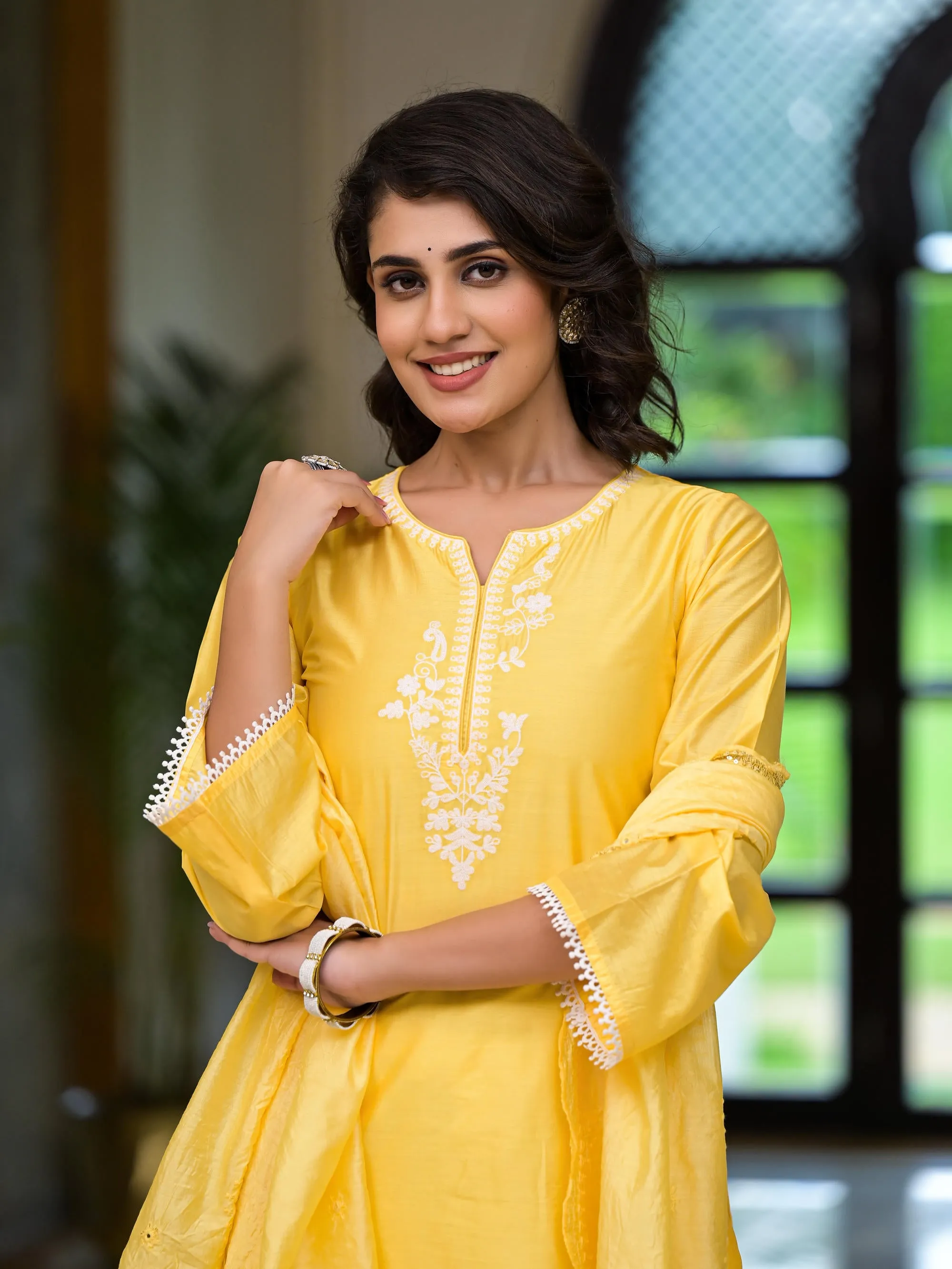 Yellow Thread Embroidered Viscose Kurta Palazzo And Dupatta Set With Thread & Mirror Work